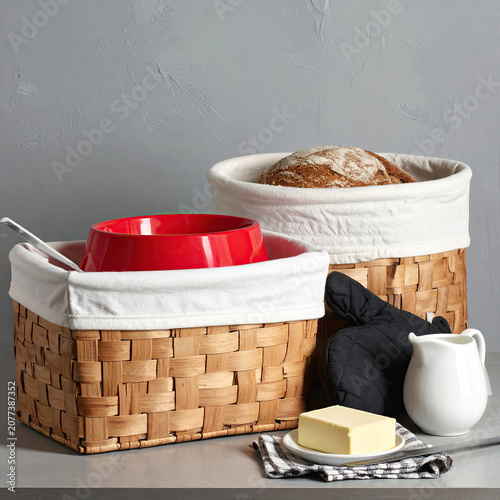Wicker baskets with bread and dairy products on a kitchen countertop