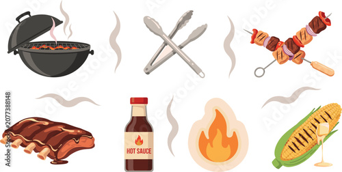 Barbecue BBQ Party Vector Icon Set with Charcoal Grill Tongs Meat Skewers Pork Ribs Hot Sauce Bottle Fire Flame and Grilled Corn on the Cob