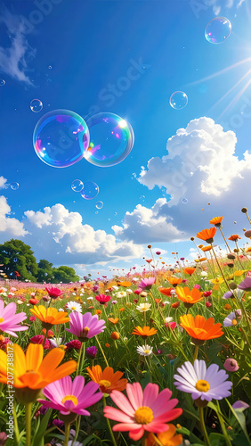 Colorful Flower Field with Bubbles Under Bright Sunny Sky