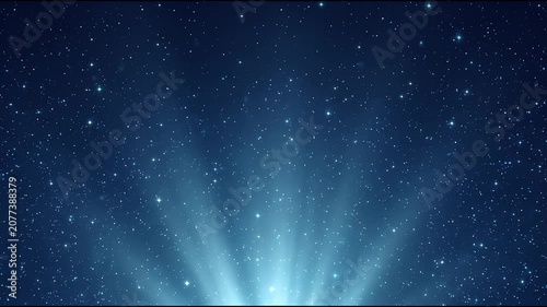 Shimmering blue night sky with cinematic light rays and stars