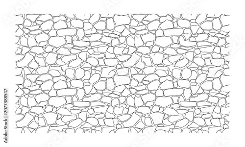Rustic stone wall line art pattern, hand drawn cobblestone texture background, black and white masonry outline vector eps for architectural design
