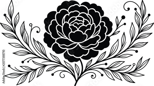 Black floral rose icon with leaves