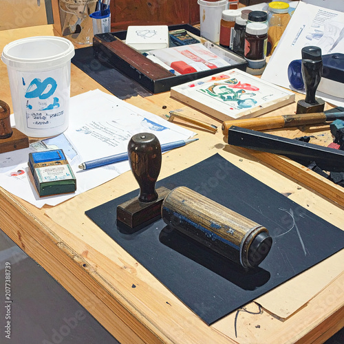 Artistic workspace with stamping tools and creative supplies
