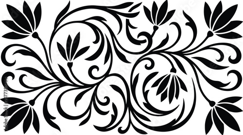 Black floral swirl pattern on white background