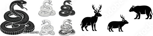 Slika na platnu Several snakes and animals are standing on a plain background