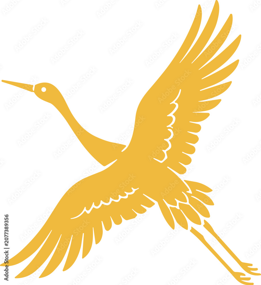 Fototapeta premium Golden crane in flight, elegant silhouette of a bird soaring through the sky