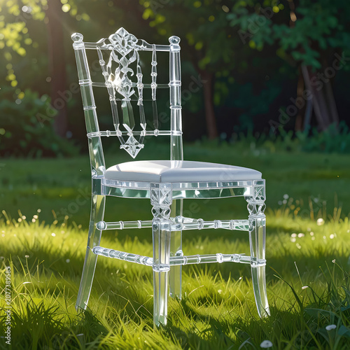 Elegant Transparent Chair on Grass in Outdoor Garden Setting