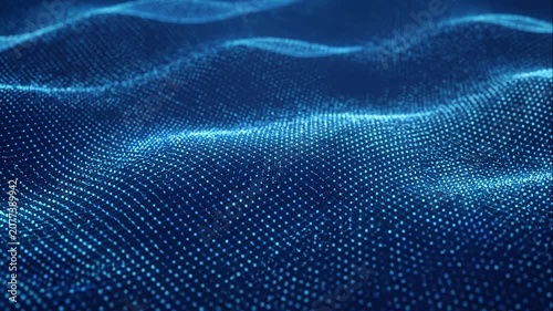 Flowing blue digital particle waves in motion