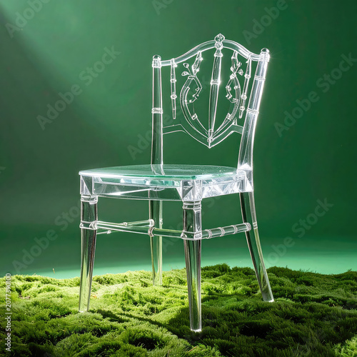 Elegant Transparent Chair on Green Moss with Natural Lighting