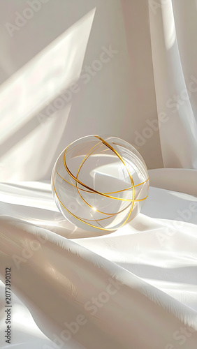 Elegant glass sphere with gold accents on silky fabric backdrop