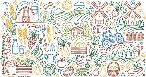 Foto Hand drawn farm and agriculture doodle set with agriculture vegetables windmill