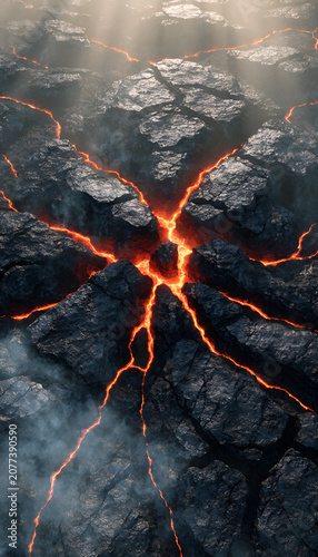 Top view of dark stone fissures with molten lava flowing inside and sunlight rays
