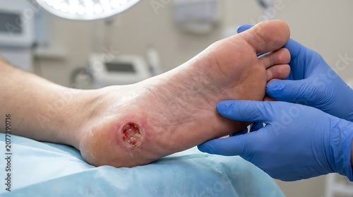 Doctor examining deep wound on patient's heel, close-up of medical care for foot ulcer, podiatry consultation for diabetic foot injury, wound care treatment, medical examination.