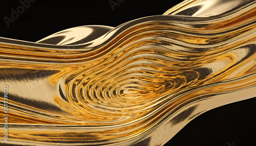 Abstract golden flowing liquid waves with metallic texture over black background