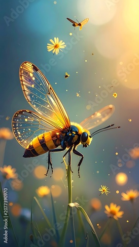 A bee hovers near a flower in a field with sunlight