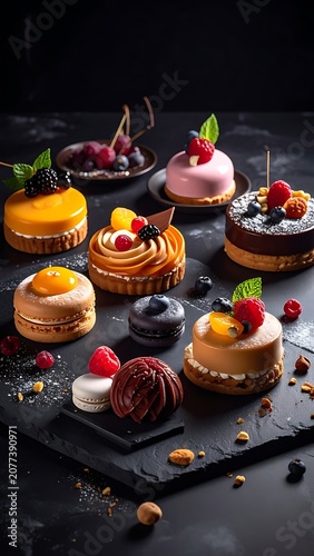 A beautifully arranged assortment of sweet pastries on a black slate