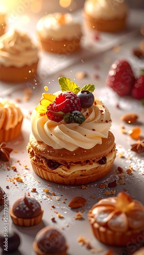 A beautifully arranged assortment of pastries and berries on a surface