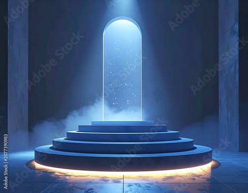 A blue-lit, multi-tiered platform with a glowing archway