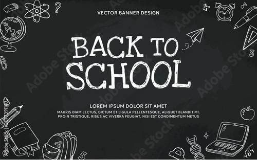 Back to school chalkboard background with hand drawn education doodle illustrations, school supplies, science symbols and copy space. White chalk sketch elements on a blackboard.