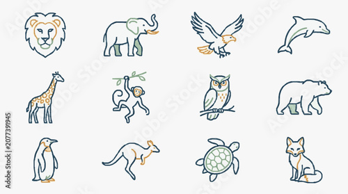 Canvas Print Elegant Hand Drawn Line Art Set of Colorful African and Australian Wildlife Icon
