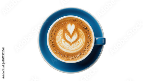 Tableau sur toile Blue cup of coffee with latte art on saucer