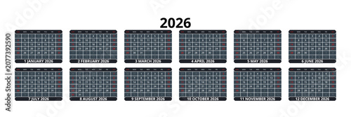 Quadro su tela English 2026 Horizontal 6x2 Grid Modern Annual Calendar Poster Corporate Yearly Planner Layout (Compatible with 2037 and 2043)
