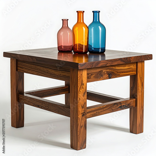 Wooden Table with Colorful Glass Bottles for Interior Decor