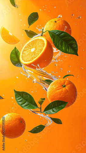 Fresh Oranges with Leaves Splashing in Water on Bright Background