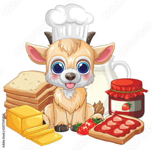 Cute Cartoon Goat Chef with Breakfast Bread Jam and Butter