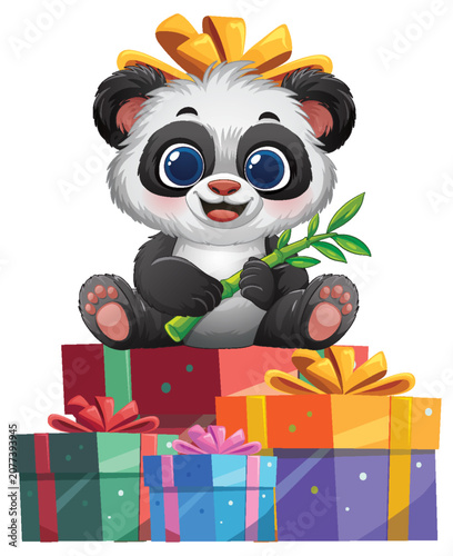 Cute Baby Panda Sitting on Colorful Gift Boxes with Bamboo
