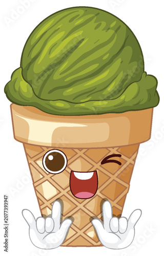 Cute Cartoon Green Tea Matcha Ice Cream Cone Character Winking