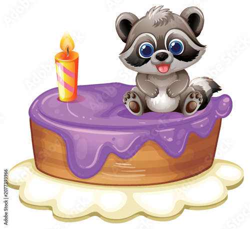 Cute Cartoon Raccoon Sitting on Purple Glazed Birthday Cake with Candle