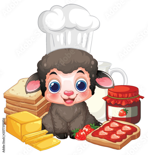 Cartoon Sheep Chef with Breakfast Bread Butter and Strawberry Jam