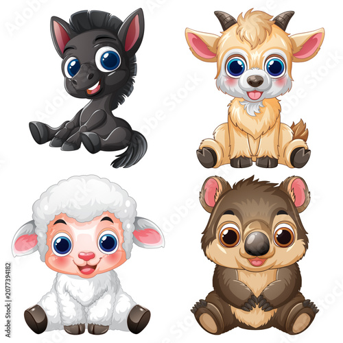 Set of Four Cute Cartoon Baby Farm and Wild Animals