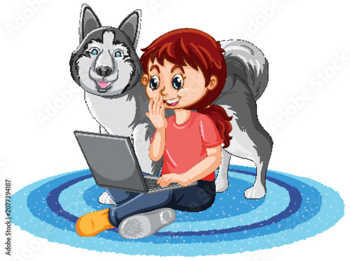 Young Girl Using Laptop While Sitting on Rug with Husky Dog