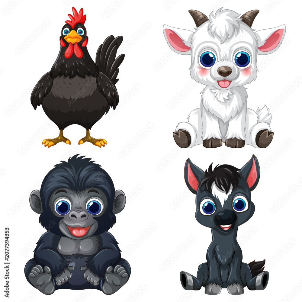 Fototapeta premium Set of Four Cute Cartoon Baby Animals on White Background
