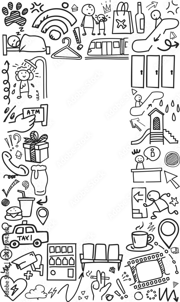 Fototapeta premium Shopping Mall Amenity Vertical Frame Doodle Outline Icon