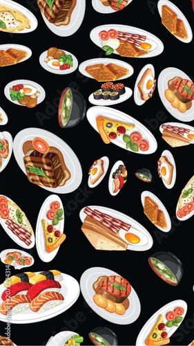 Seamless Vector Pattern of International Breakfast and Dinner Food Dishes