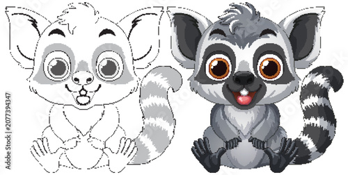 Cute Cartoon Lemur Vector Illustration with Line Art Coloring Page