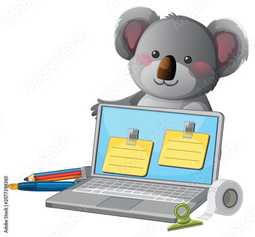 Cute Cartoon Koala Character Sitting Behind a Laptop with Office Supplies