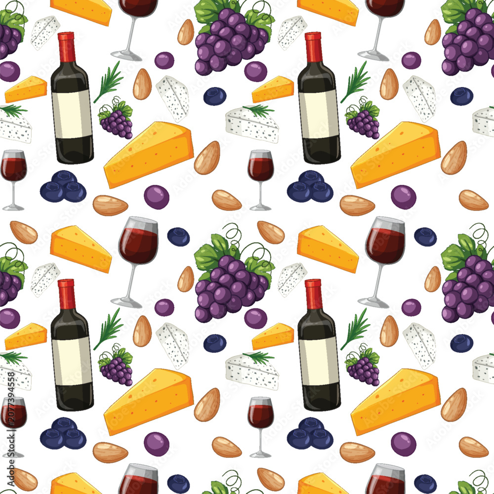 Fototapeta premium Seamless Vector Pattern with Red Wine Grapes and Cheese Slices