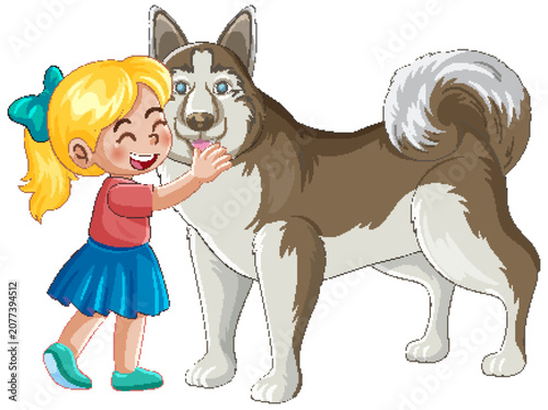 Happy Young Girl Hugging Large Siberian Husky Dog Vector Illustration