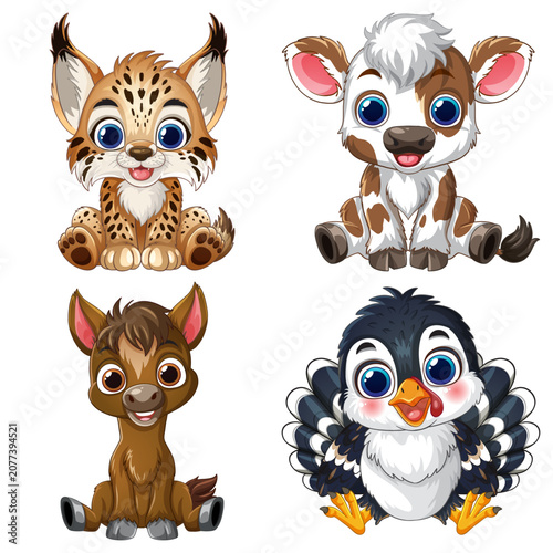 Set of Four Cute Cartoon Baby Animals on White Background