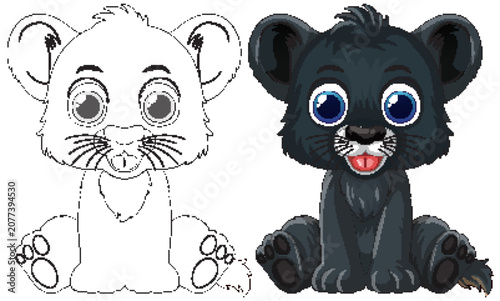 Cute Cartoon Black Panther Cub Coloring Page and Color Illustration