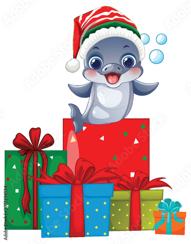 Cute Cartoon Dolphin Wearing Santa Hat with Stack of Christmas Gifts