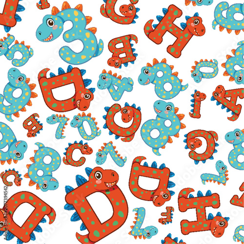 Seamless Cartoon Dinosaur Alphabet and Number Pattern for Preschool Education