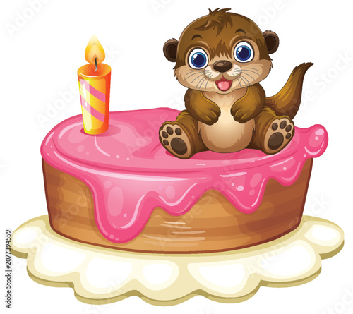 Cute Cartoon Otter Sitting on a Pink Frosted Birthday Cake