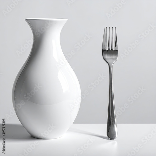 Elegant White Vase and Silver Fork on Minimalist Surface