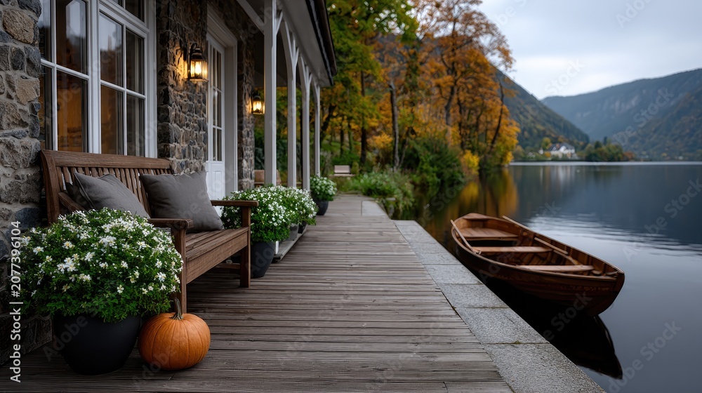 Fototapeta premium Luxury European stone cottage by a lake with autumn colors and a wooden boat at sunrise