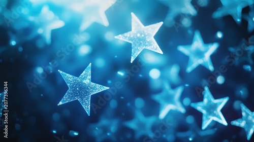 Glowing blue stars sparkle bokeh background festive celebration magic design